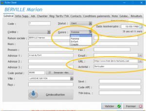 Fiche Client - Genre - Date anniversaire - Activité