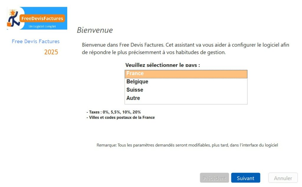 Assistant de configuration de Free Devis Factures, guide étape par étape pour personnaliser le logiciel selon vos besoins spécifiques en matière de gestion de devis et factures