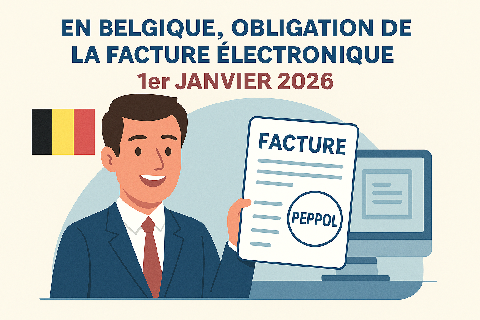 Entrepreneur belge tenant une facture avec la mention Peppol, illustrant la compatibilité de Free Devis Factures avec la réforme 2026