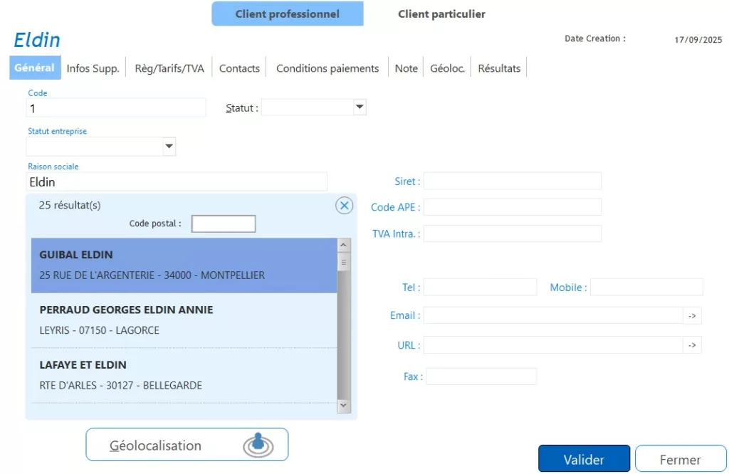 Recherche d’une entreprise par raison sociale ou code postal via l’API INSEE dans Free Devis Factures