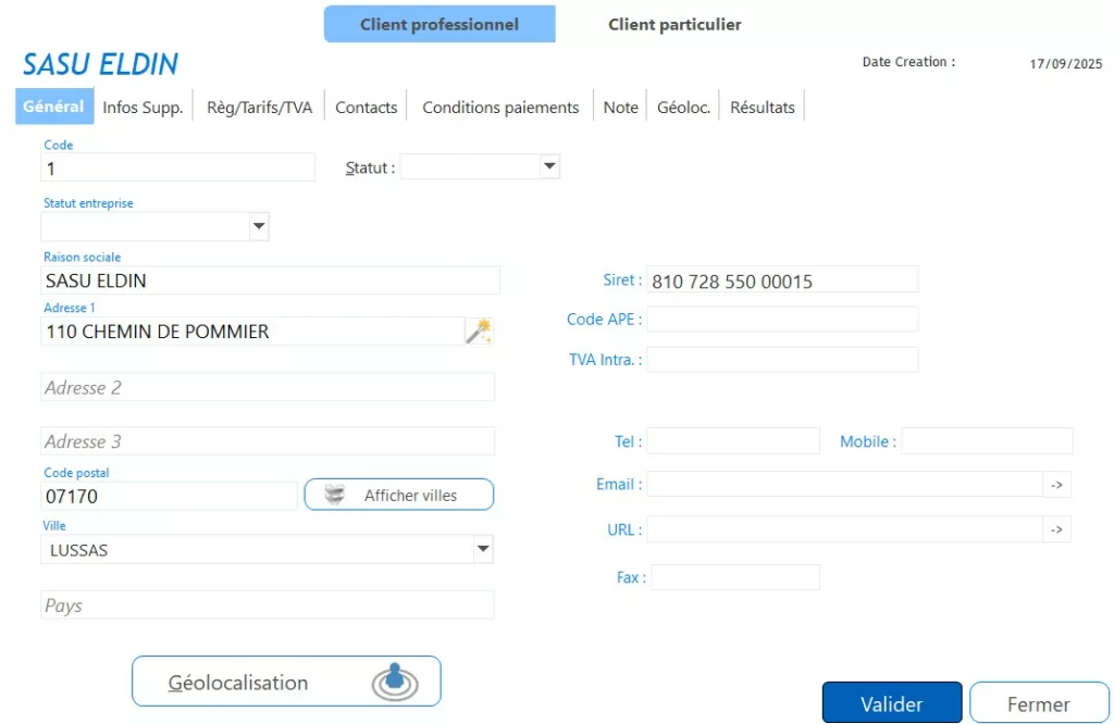 Fiche client professionnel remplie automatiquement avec les informations officielles de l’INSEE dans Free Devis Factures