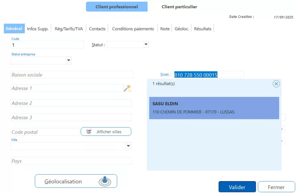 Recherche d’une entreprise par numéro SIRET via l’API INSEE dans Free Devis Factures