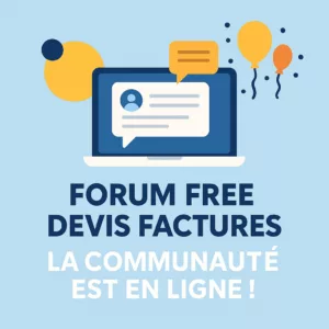 Illustration du forum Free Devis Factures, avec un ordinateur et des bulles de discussion symbolisant la communauté en ligne.