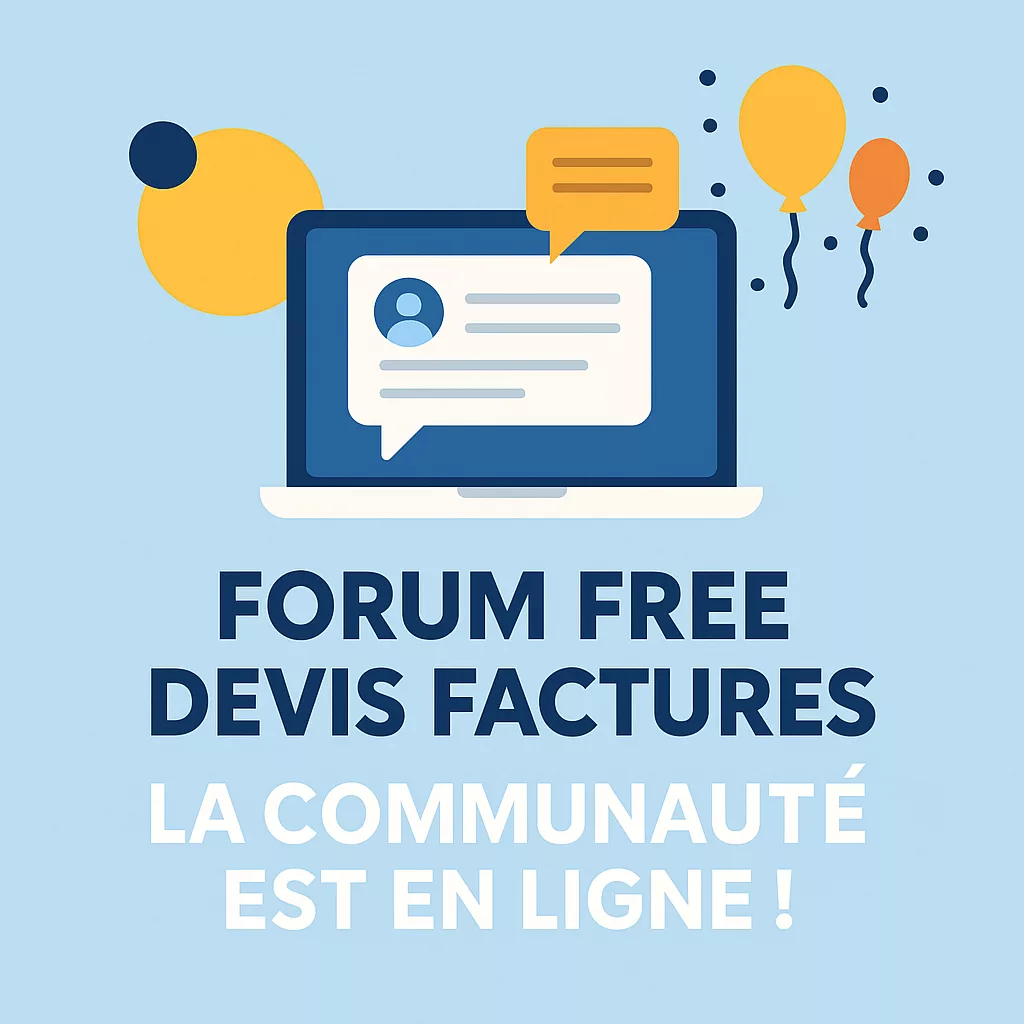 Illustration du forum Free Devis Factures, avec un ordinateur et des bulles de discussion symbolisant la communauté en ligne.