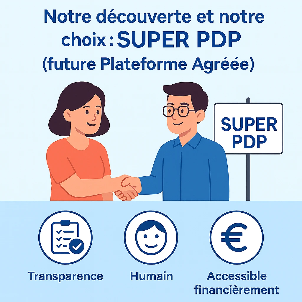 Illustration symbolisant les valeurs de Super PDP : transparence, approche humaine et accessibilité financière dans la facturation électronique 2026