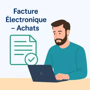 Illustration d’un auto-entrepreneur travaillant sur son ordinateur devant une facture électronique d’achat, dans le cadre du futur module Facture Électronique de Free Devis Factures.