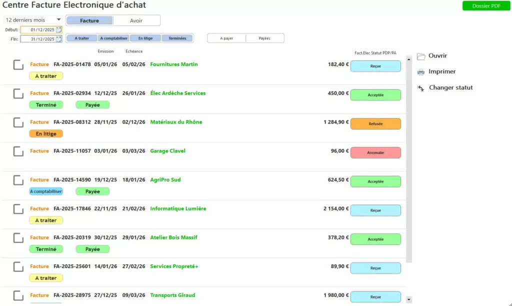 Capture d’écran du module “Centre Facture Électronique – Achats” de Free Devis Factures, présentant la liste des factures d’achat électroniques et leurs statuts internes et PDP/PA