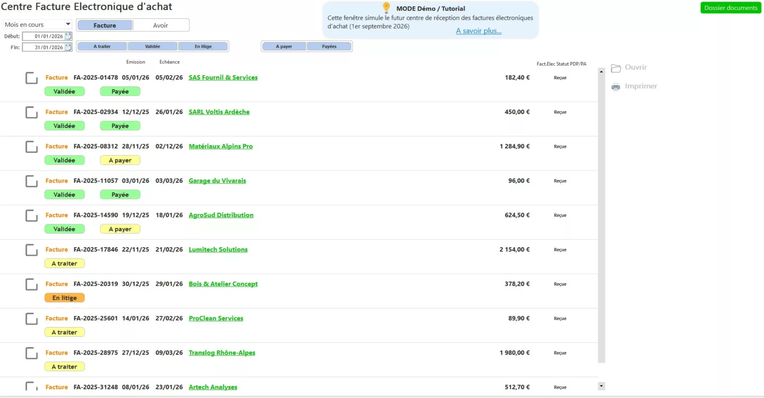 Simulation du centre de réception des factures électroniques d’achat dans Free Devis Factures