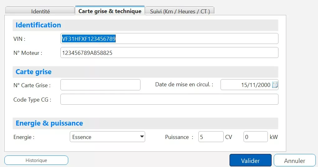 Onglet Carte grise et technique de la fiche véhicule dans Free Devis Factures, avec VIN, numéro moteur, carte grise, date de mise en circulation, énergie et puissance.