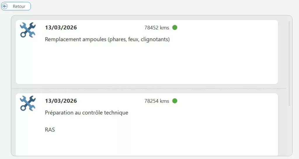 Historique des interventions d’un véhicule dans Free Devis Factures, avec date, kilométrage, type d’intervention et observation.
