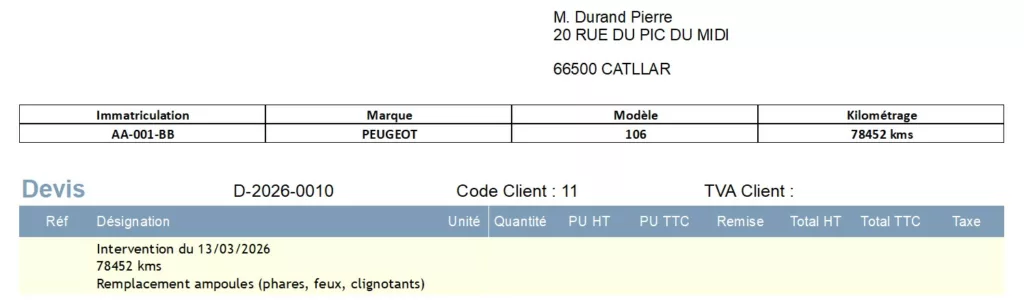 Document (Devis, facture, OR) imprimé dans Free Devis Factures avec les informations du véhicule, incluant immatriculation, marque, modèle et kilométrage en en-tête du devis.