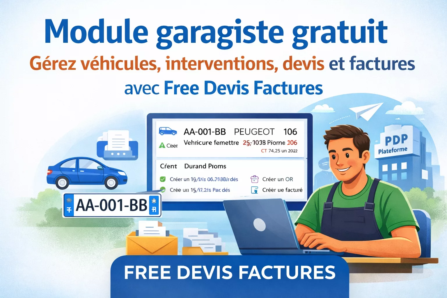 Illustration du module garagiste gratuit de Free Devis Factures, avec gestion des véhicules, interventions, devis, factures et recherche par immatriculation.