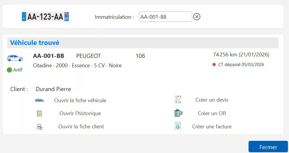 Recherche d’un véhicule par plaque d’immatriculation dans Free Devis Factures, avec affichage du véhicule trouvé, du client associé et des actions rapides disponibles.