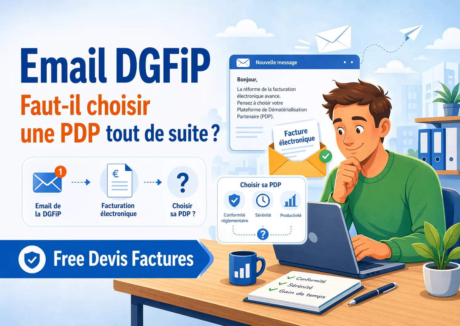 Illustration sur la facturation électronique avec calendrier de déploiement 2026-2027 et réception progressive des factures dans Free Devis Factures