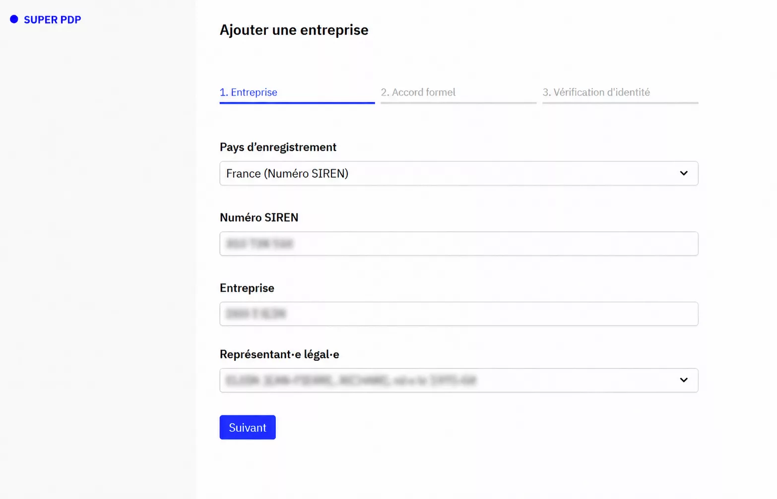Étape 1 de l’ajout d’une entreprise sur SUPER PDP avec le formulaire SIREN et les informations de l’entreprise