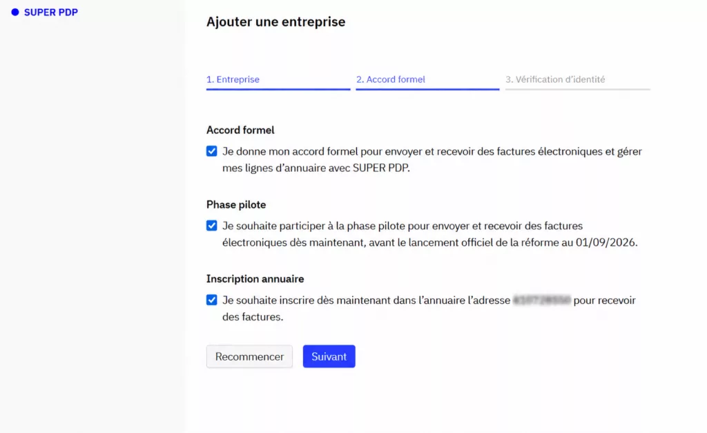 Étape 2 de l’ajout d’une entreprise sur SUPER PDP avec l’accord formel, la phase pilote et l’inscription annuaire