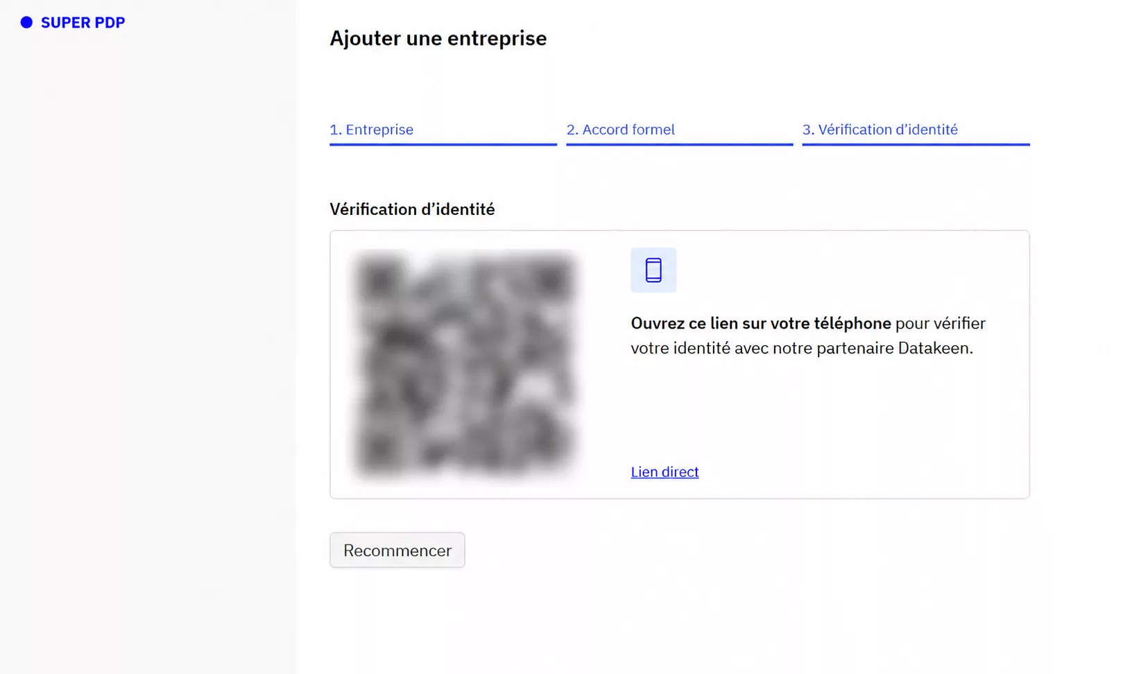 Étape 3 de l’ajout d’une entreprise sur SUPER PDP avec vérification d’identité par QR Code