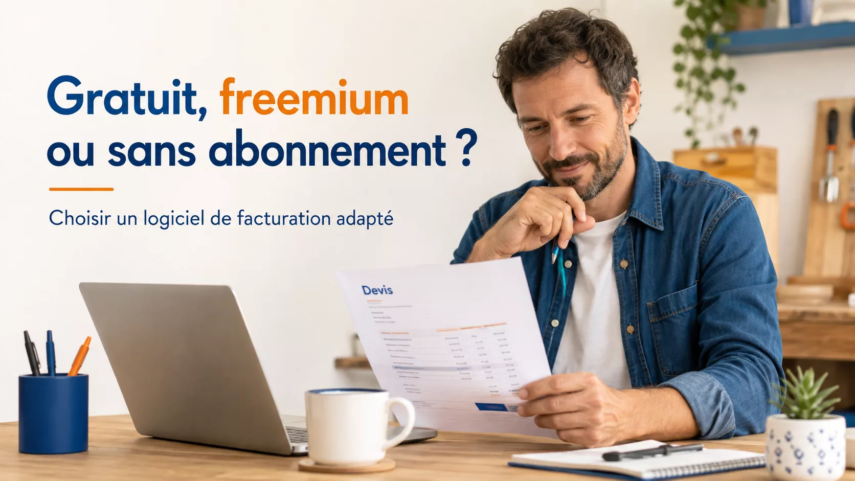 Artisan ou indépendant lisant un devis à son bureau, avec le texte : Gratuit, freemium ou sans abonnement ?